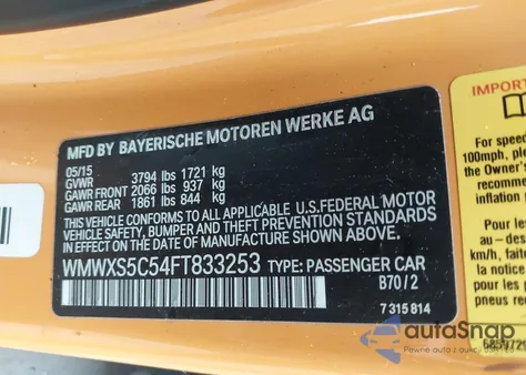 2015 Mini Hardtop Cooper из США, поврежденный, VIN WMWXS5C54FT833253